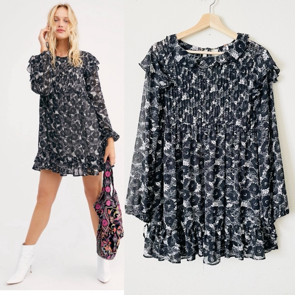 Free People SMALL These Dreams black floral tunic dress